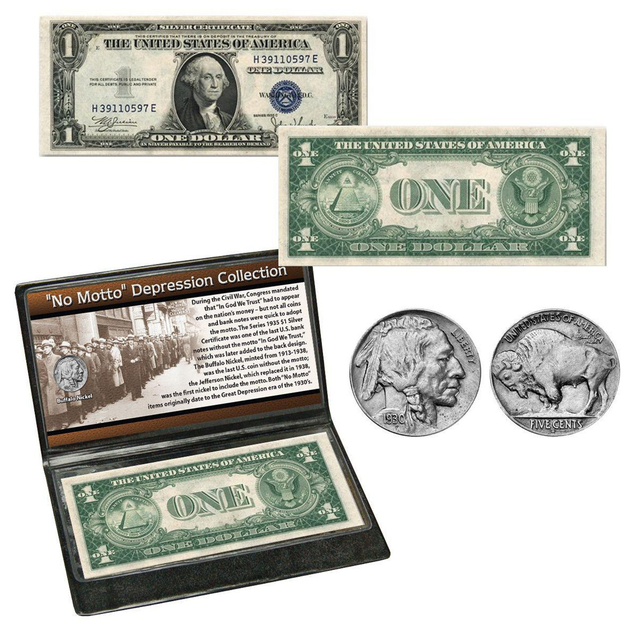 1935 $1 Silver Certificate & Buffalo Nickel - No Motto Depression Coin & Currency Collection