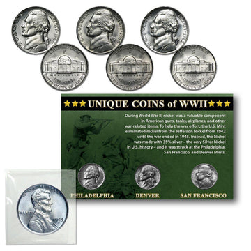 1943-1945 Silver Nickel P/D/S Set with 1943 Steel Cent Unique Coins of WWII Bonus
