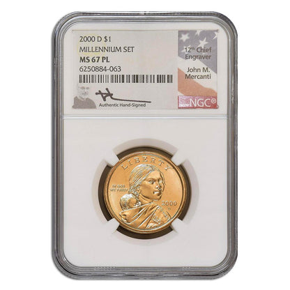 2000-D Sacagawea Dollar Coin NGC MS67 PL Millennium Set - Mercanti Signed