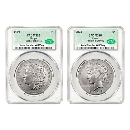 2024 Morgan & Peace Dollar 2pc Set - CAC MS70 First Day of Delivery - CoinsTV