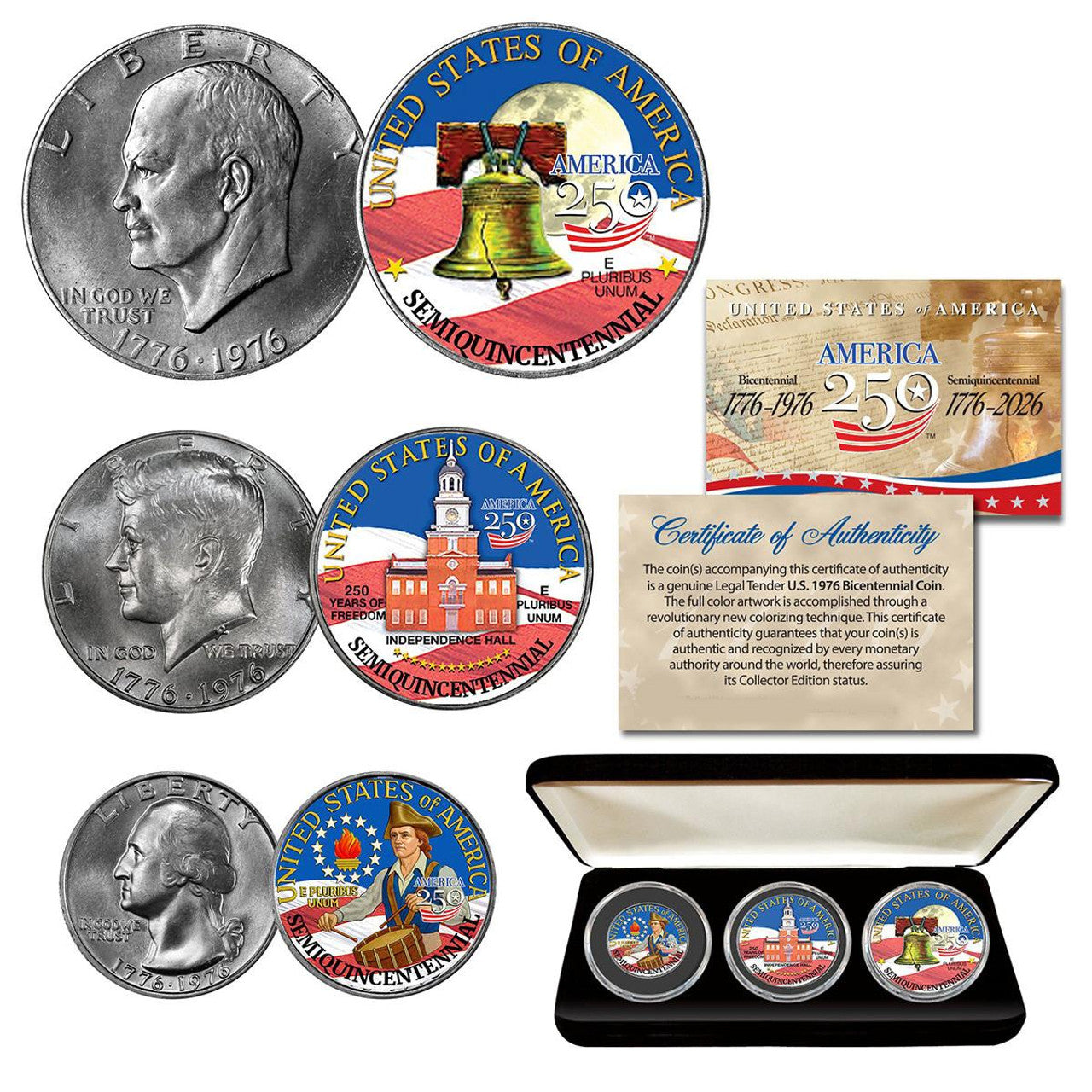 250th 1976 Bi-Centennial 3 Coin Set IKE, JFK, Quarter colorized w/Box - CoinsTV