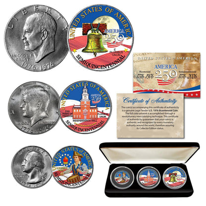 250th 1976 Bi-Centennial 3 Coin Set IKE, JFK, Quarter colorized w/Box - CoinsTV