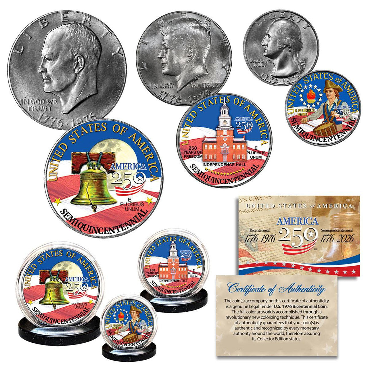 250th 1976 Bi-Centennial 3 Coin Set IKE, JFK, Quarter colorized w/Box - CoinsTV
