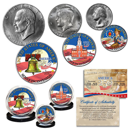 250th 1976 Bi-Centennial 3 Coin Set IKE, JFK, Quarter colorized w/Box - CoinsTV