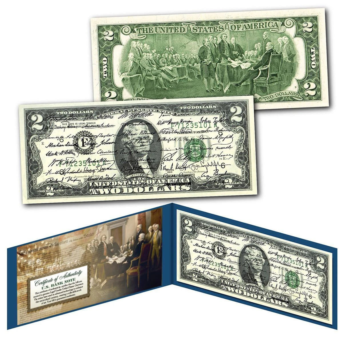 2022 Genuine Legal Tender $2 Bill with Display - All 46 U.S. President Signatures