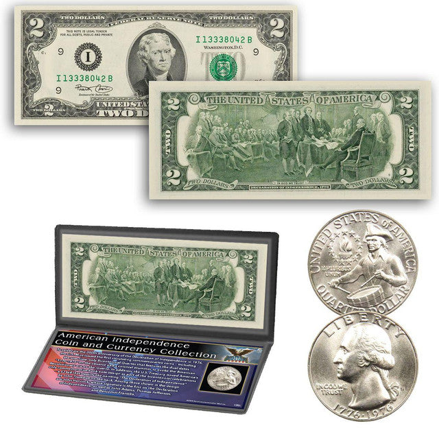 American Independence Coin and Currency Collection - $2 Bank Note & 1976 Bicentennial Washington Quarter - CoinsTV