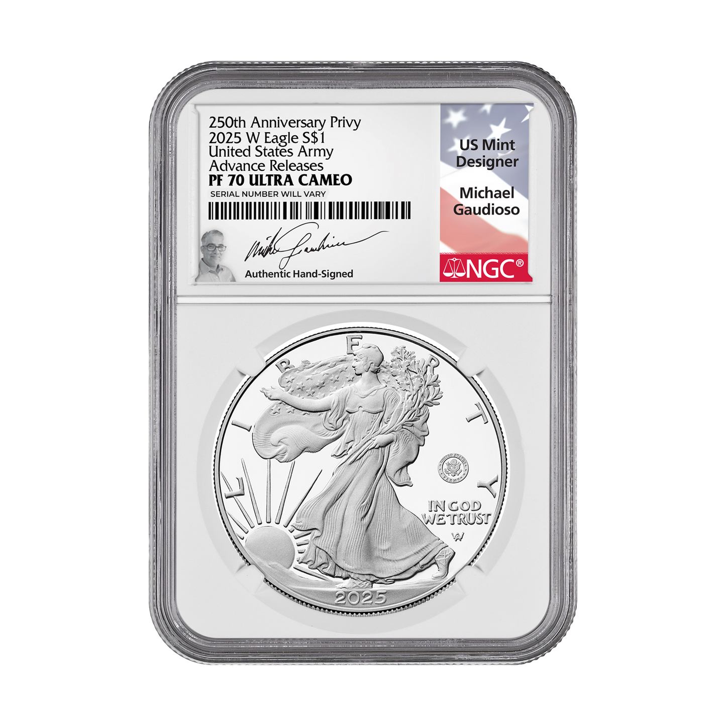 2025 250th Army Anniversary Silver Eagle Privy - Advance Release - NGC PF70 UCAM Guadioso Signed - CoinsTV