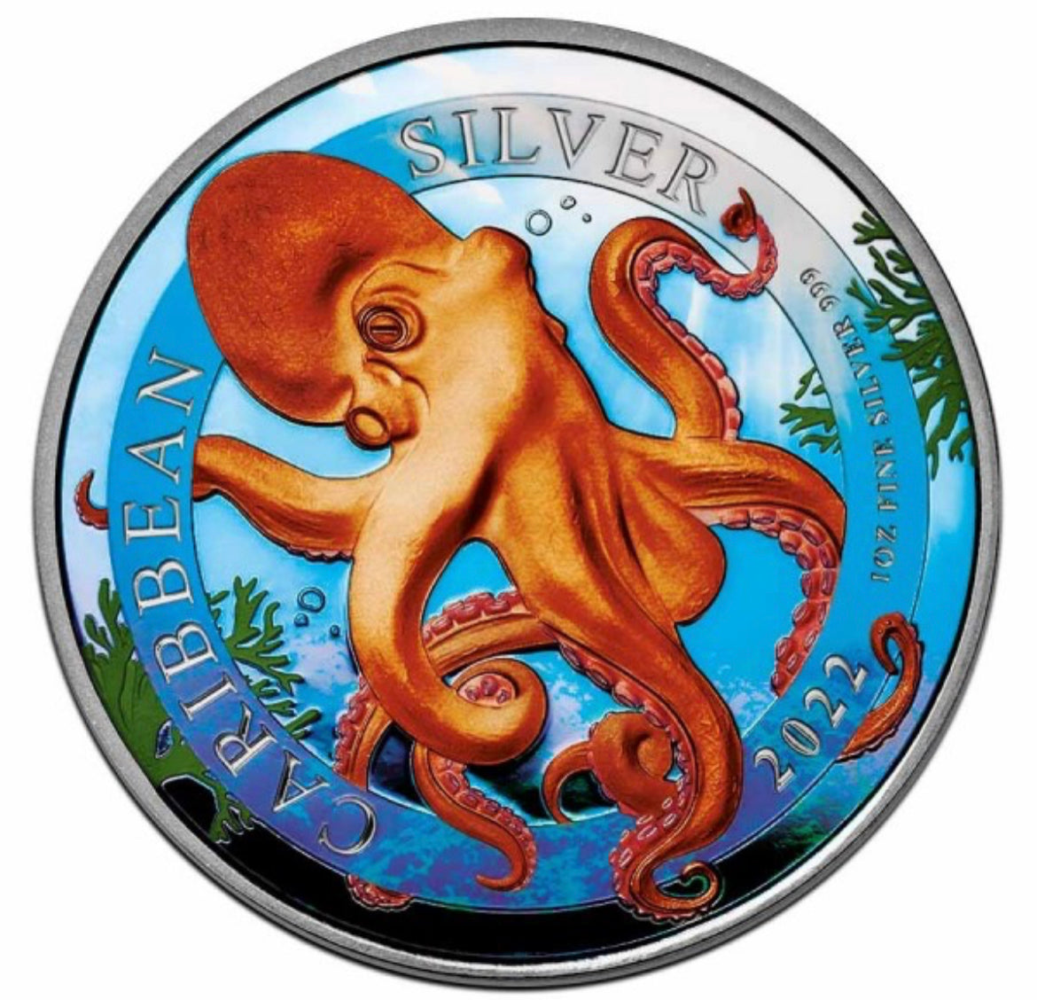 2022 Barbados Caribbean Octopus Colorized 1 oz Silver Coin - CoinsTV