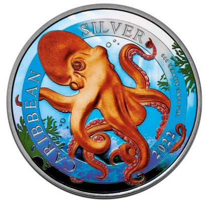 2022 Barbados Caribbean Octopus Colorized 1 oz Silver Coin - CoinsTV