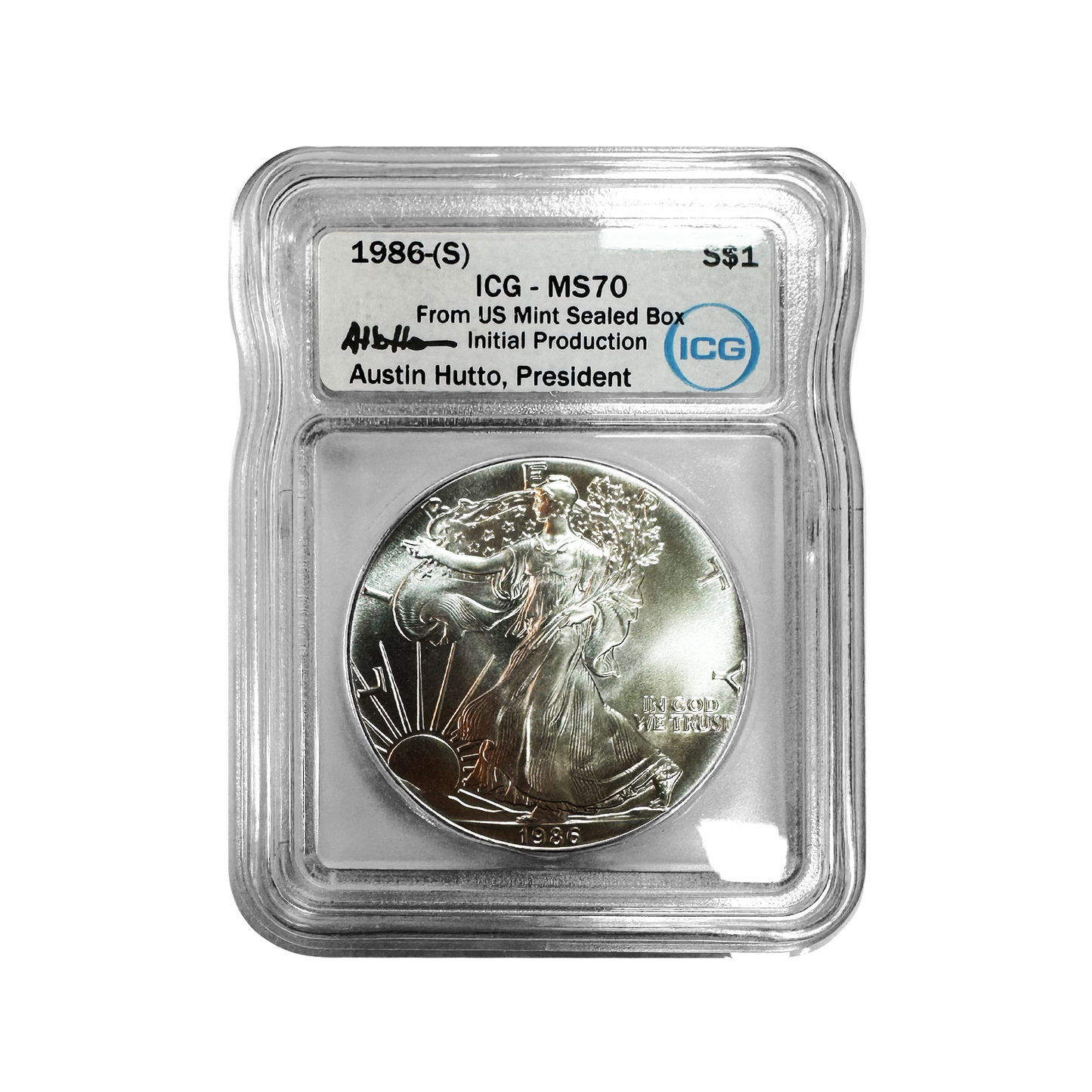 1986-S Silver Eagle - Austin Hutto Signature Label - ICG MS70