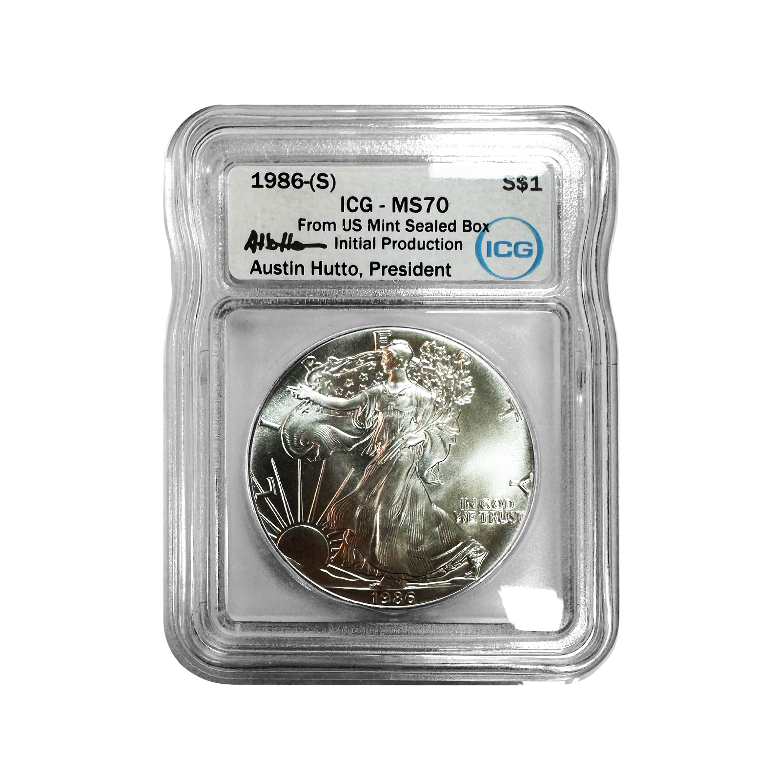 1986-S Silver Eagle - Austin Hutto Signature Label - ICG MS70