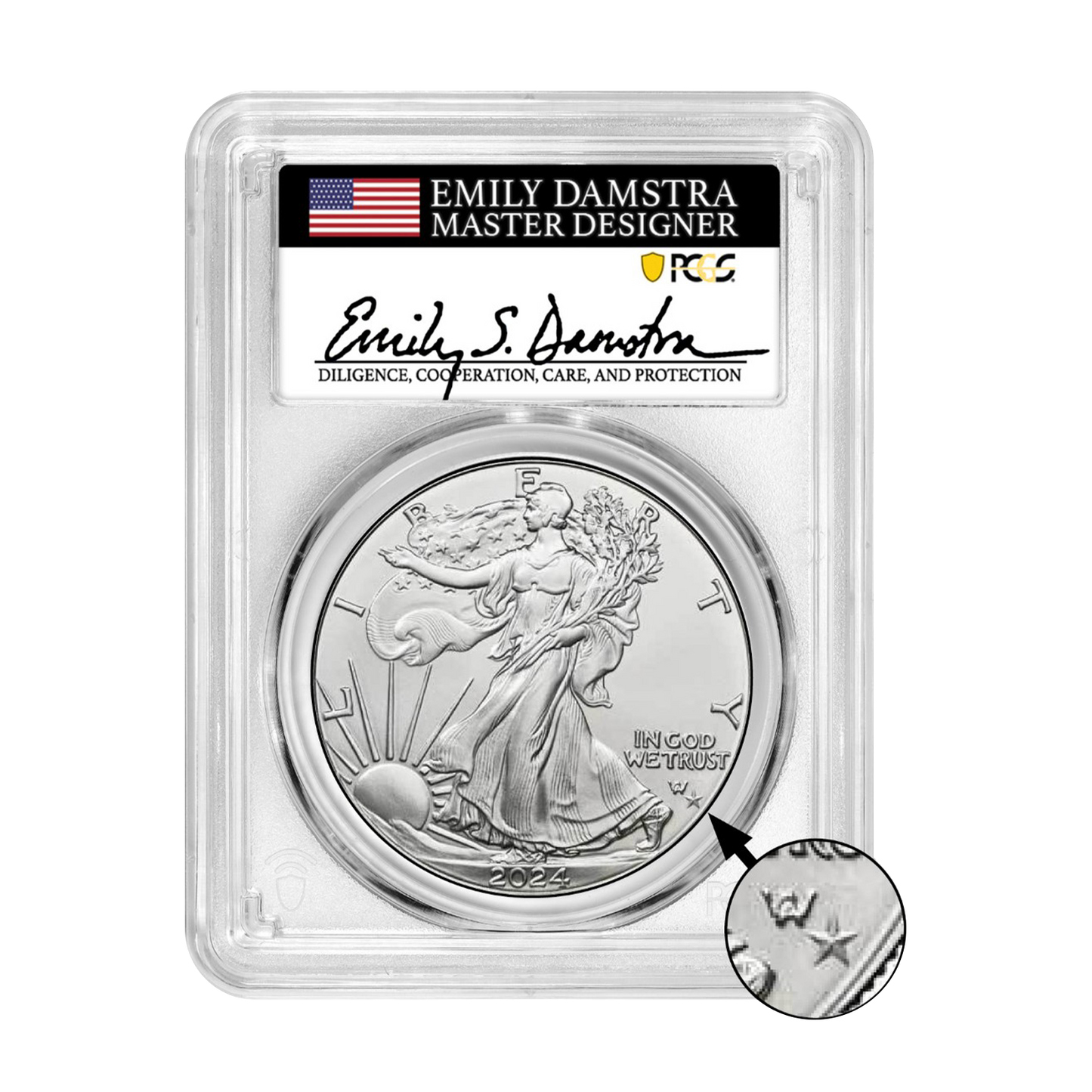 2024 (P) Silver Eagle Star Privy - Emily Damstra Signature Label - PCGS MS70 FDI - CoinsTV