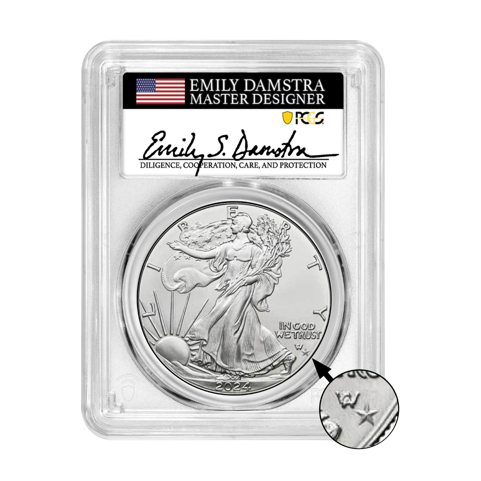 2024 (P) Silver Eagle Star Privy - Emily Damstra Signature Label - PCGS MS70 FDI - CoinsTV