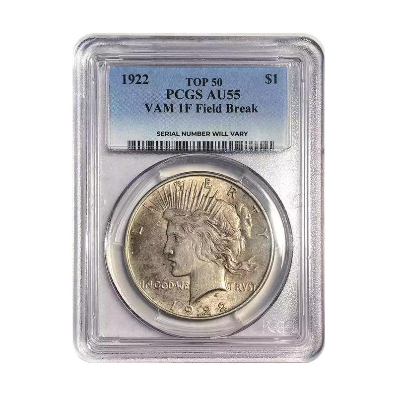 1922 Peace Silver Dollar - Top 50 VAM 1F Field Break - PCGS AU55 - CoinsTV