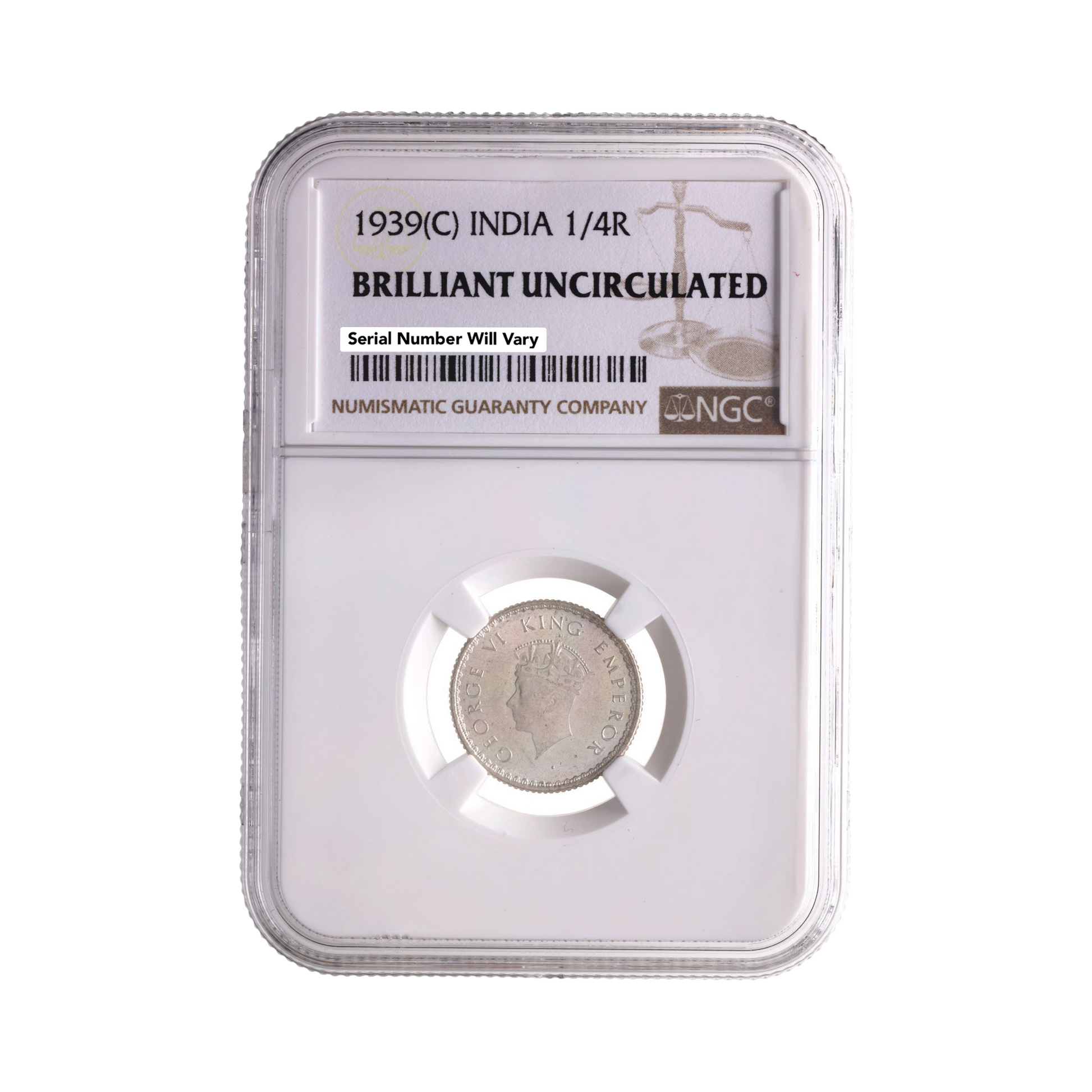 1939 India Silver 1/4 Rupee - Crowned King George VI - NGC Certified BU - CoinsTV