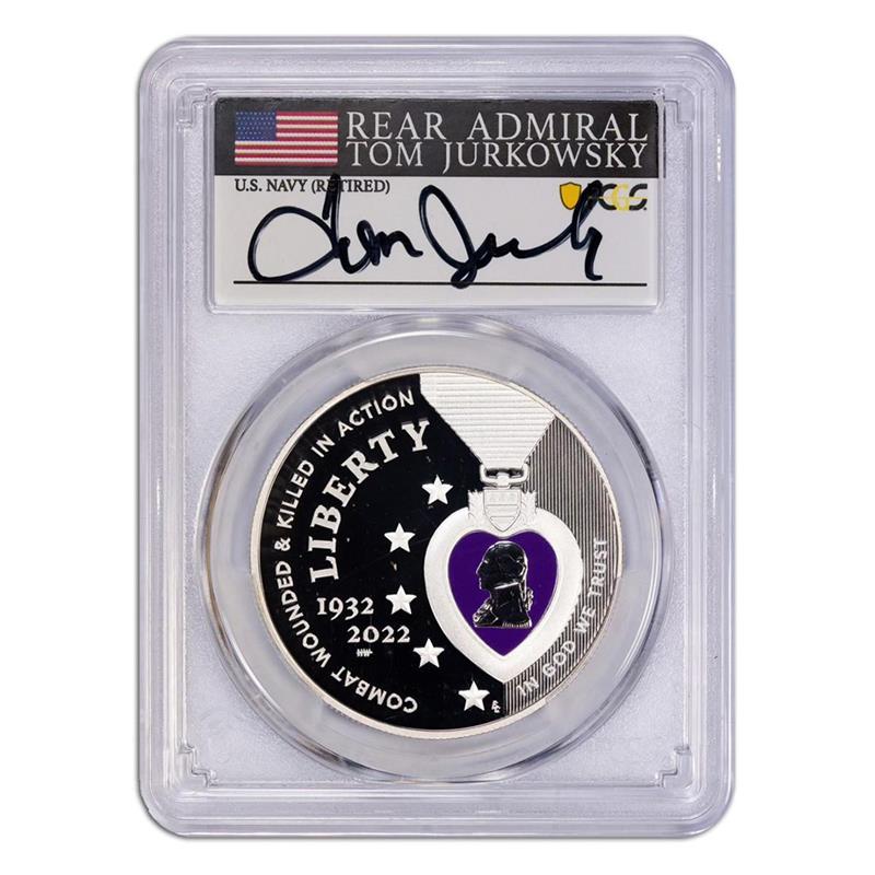 2022-W Colorized Purple Heart Silver Dollar - Rear Admiral Jurkowsky Signed - PCGS PR69 DCAM - CoinsTV