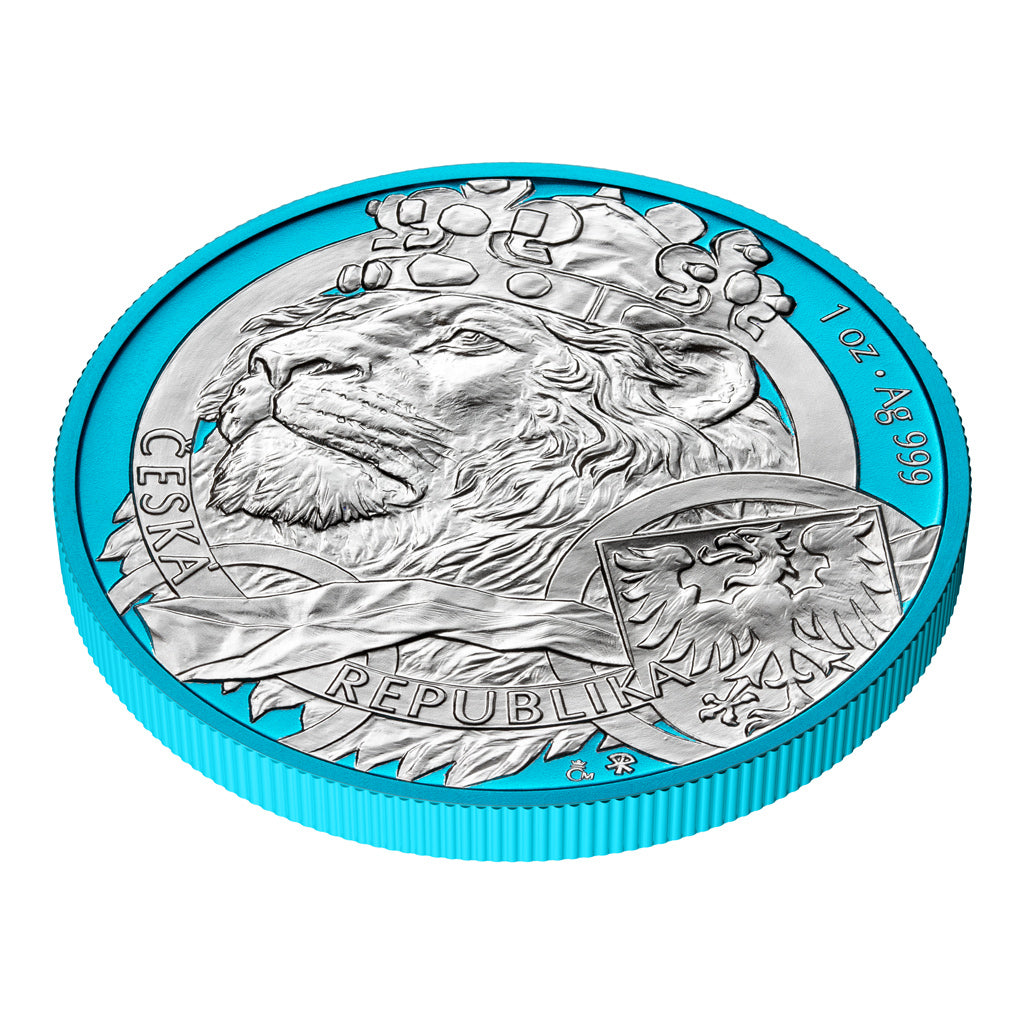 2025 Niue Czech Lion 1 oz Silver - Space Blue with Stand - CoinsTV