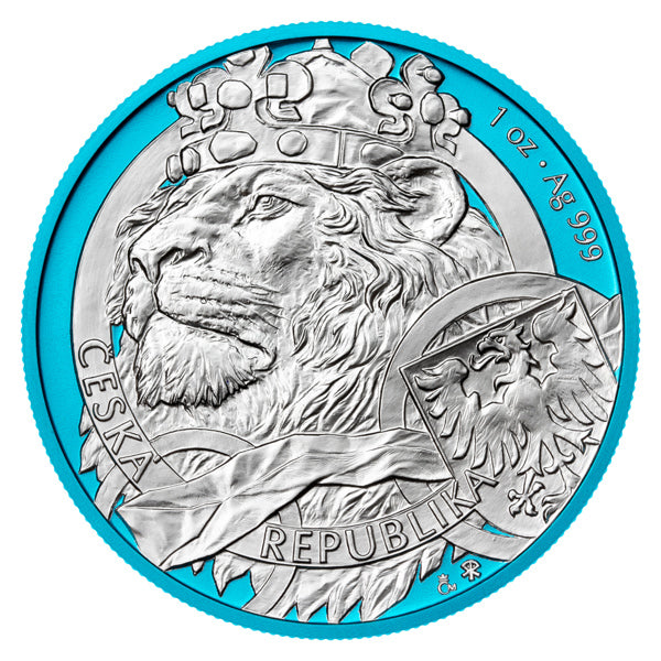 2025 Niue Czech Lion 1 oz Silver - Space Blue with Stand - CoinsTV