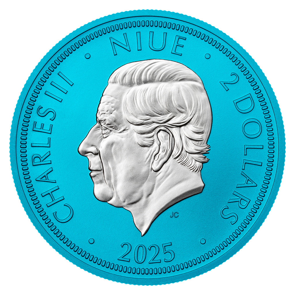 2025 Niue Czech Lion 1 oz Silver - Space Blue with Stand - CoinsTV