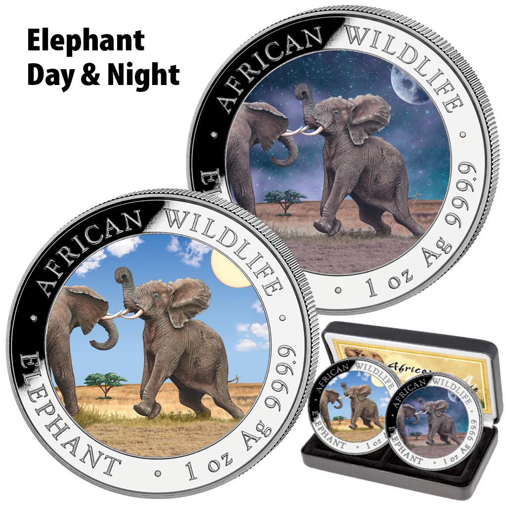 2024 Somalia Elephant Day & Night - 2 x 1 oz Silver Coin Set - CoinsTV