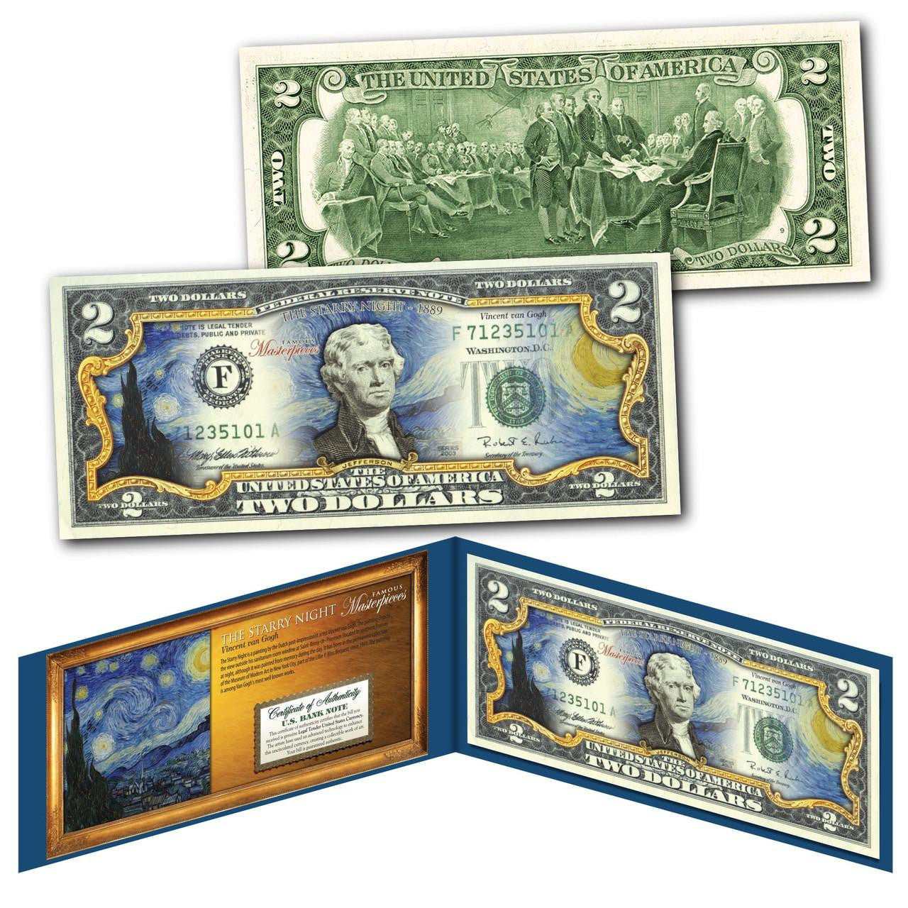 Genuine Legal Tender Colorized $2 U.S. Bill - Starry Night Design - Famous Masterpiece Edition - CoinsTV