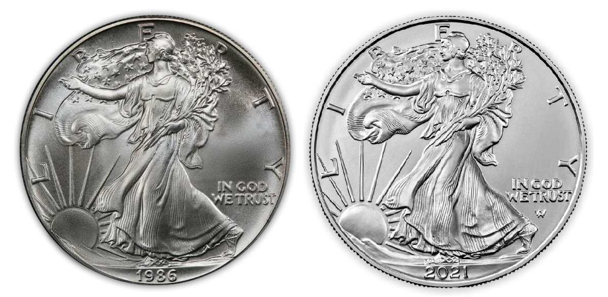 1986 & 2021 Type 2 First Year of Issue Silver Eagle Type Set BU - CoinsTV