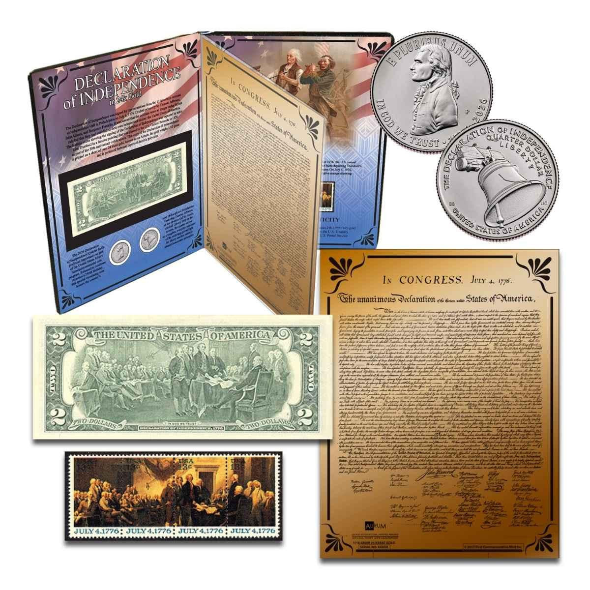 Gold Declaration of Independence Commemorative Set: 2 Dollar Bill with 4 Panel Stamp Strip (1976 Bicentennial)