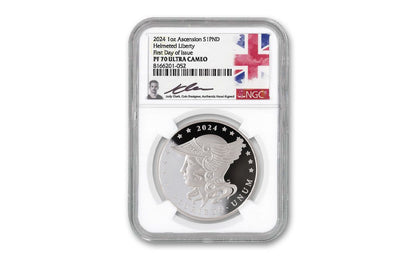 2024 Ascension Island Helmeted Liberty Proof 1 oz Silver - NGC PF 70 FDI - CoinsTV