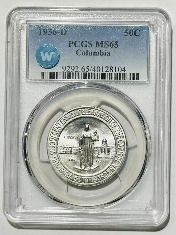 1936-D Columbia Silver Half Dollar Commemorative - PCGS MS65 Sight White - CoinsTV