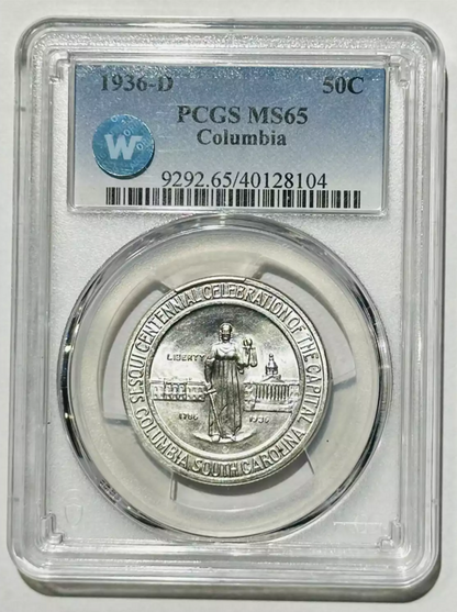 1936-D Columbia Silver Half Dollar Commemorative - PCGS MS65 Sight White - CoinsTV