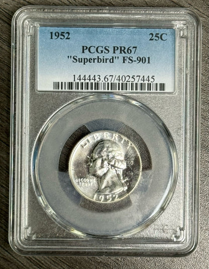 1952 Washington Silver Quarter Philadelphia - FS 901 Superbird  - PCGS PR67 - CoinsTV