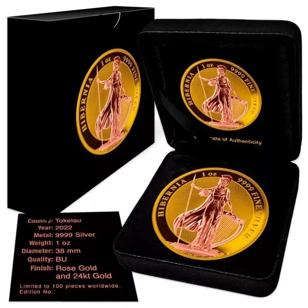 2022 Tokelau Hibernia Rose & Yellow Gold Edition 1 oz Silver - CoinsTV
