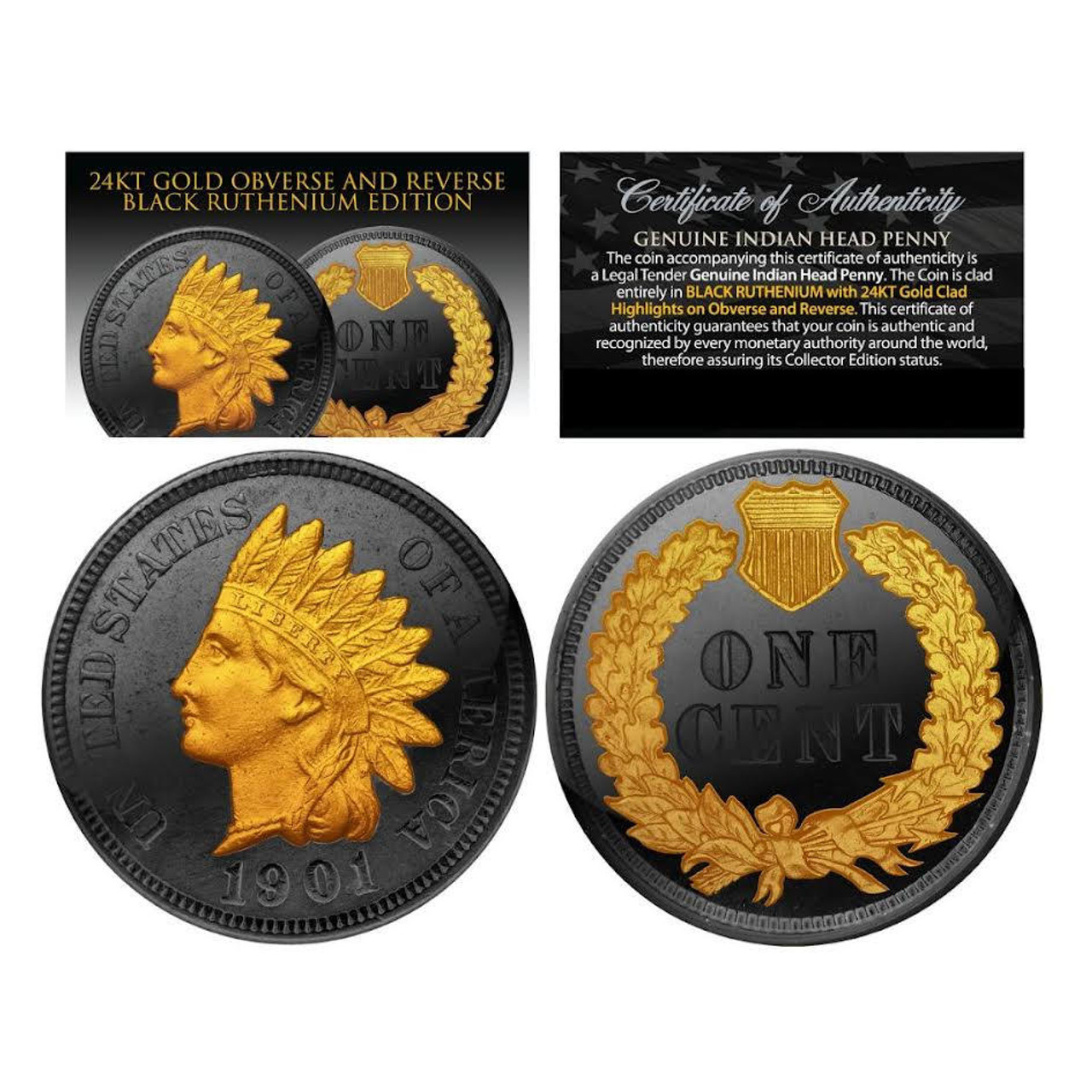 Indian Head Genuine Cent - Black Ruthenium & 24k Gold Enhanced - CoinsTV