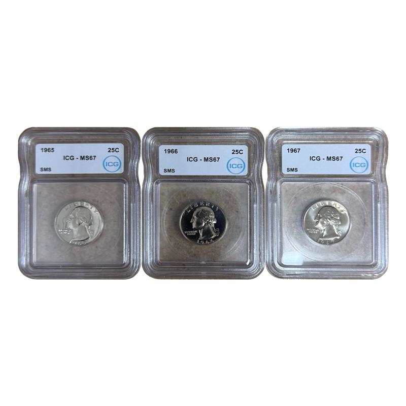 1965-67 Washington Quarters - Special Mint Set - ICG MS67 3 pc. Set - CoinsTV