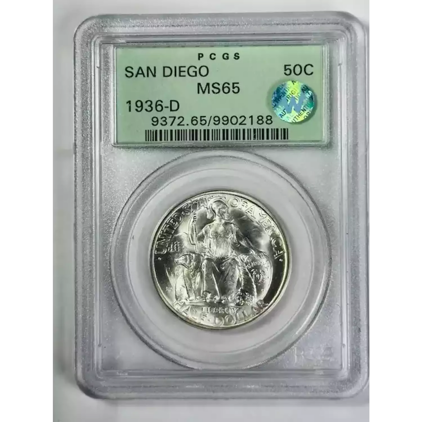 1936-D San Diego Silver Half Dollar - PCGS MS65 Old Green Holder Sight White - CoinsTV