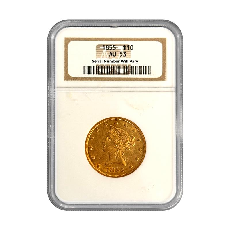 1855 $10 Gold Liberty Head - NGC AU53 - CoinsTV