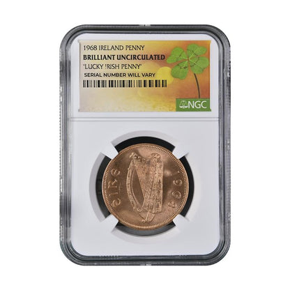 1968 Ireland Penny - Lucky Irish Penny - NGC Brilliant Uncirculated Clover Label - CoinsTV