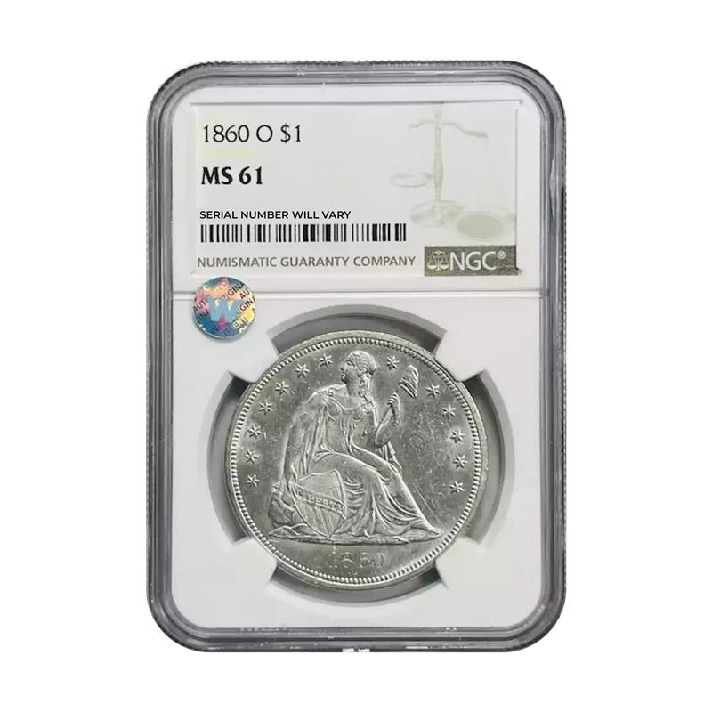 1860 O Seated Liberty Silver Dollar New Orleans - NGC MS61 Sight White - CoinsTV