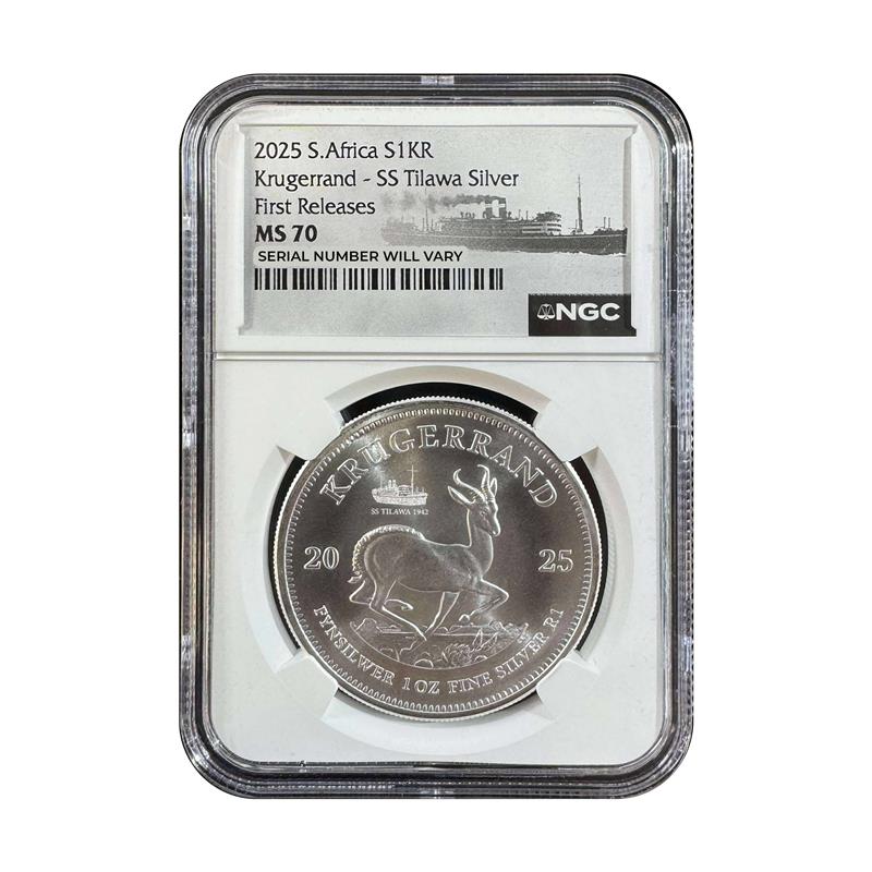 2025 S. Africa Krugerrand - SS Tilawa Silver - NGC MS70 First Releases - CoinsTV