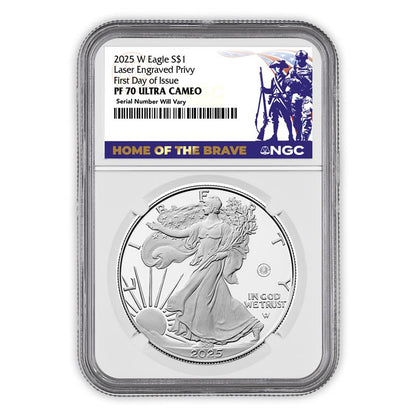 2025 Silver Eagle Laser Engraved Privy - Home of the Brave - NGC PF70 UCAM First Day of Issue
