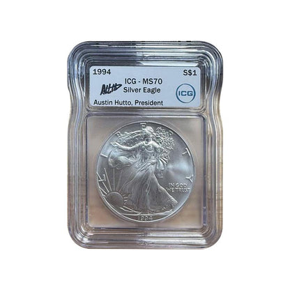 1994 Silver Eagle - Austin Hutto Signature - ICG MS70 - CoinsTV