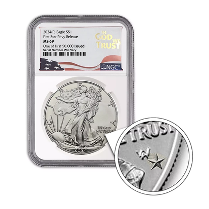 2024 (P) Silver Eagle NGC MS69 - First Star Privy - In God We Trust Label - CoinsTV