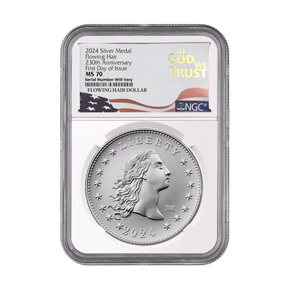 2024 230th Anniversary Flowing Hair Silver Medal Privy Mark - In God We Trust Label - NGC MS70 FDI
