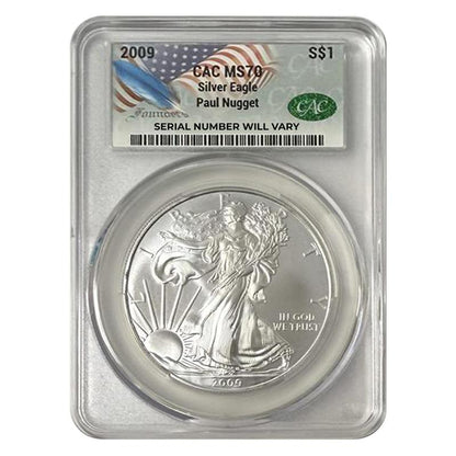 2009 Silver Eagle CAC MS70 - Flag Label - Paul Nugget Signature - CoinsTV