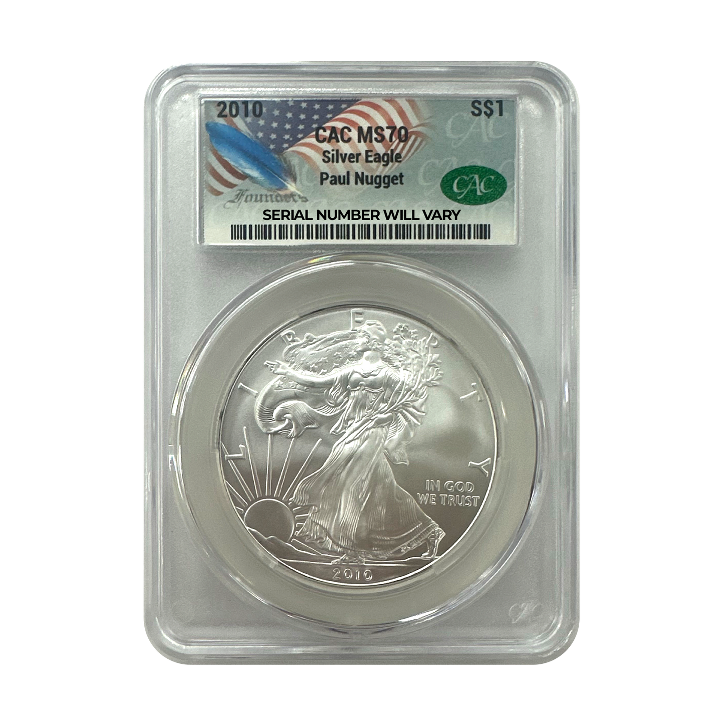 2010 Silver Eagle CAC MS70 - Flag Label - Paul Nugget Signature - CoinsTV