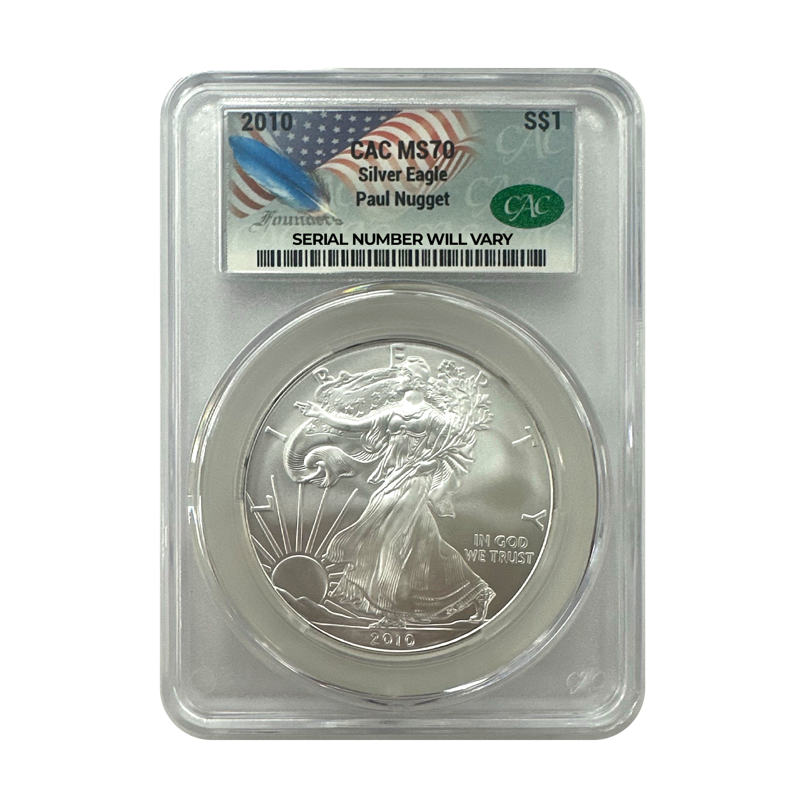2010 Silver Eagle CAC MS70 - Flag Label - Paul Nugget Signature - CoinsTV