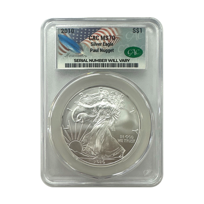 2010 Silver Eagle CAC MS70 - Flag Label - Paul Nugget Signature - CoinsTV