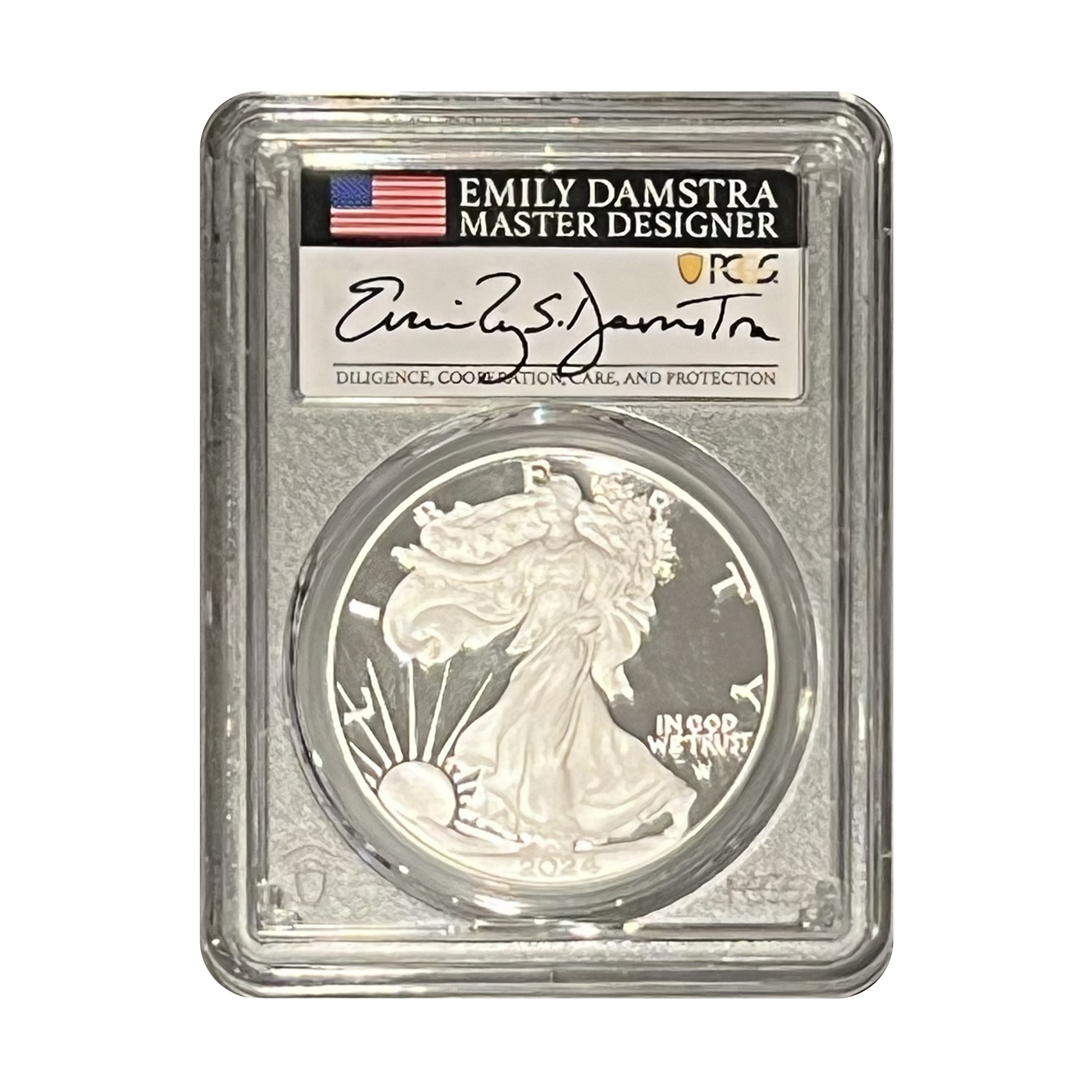 2024-S Silver Eagle - Emily Damstra Signature Label - PCGS PR70 FDI - CoinsTV