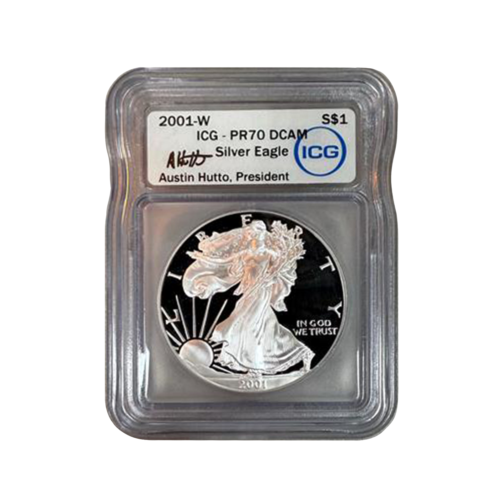 2001-W Silver Eagle - Austin Hutto Signature Label - ICG PR70 DCAM - CoinsTV