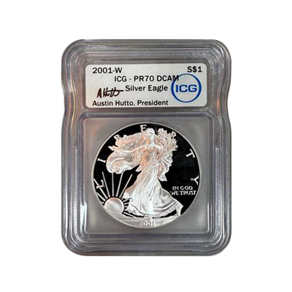 2001-W Silver Eagle - Austin Hutto Signature Label - ICG PR70 DCAM - CoinsTV